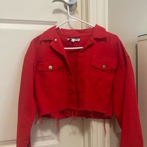 Cropped red denim jacket
